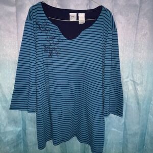 Vintage Just My Size Womens V Neck Teal/Navy‎  3/4 Slv Striped T-shirt 2X